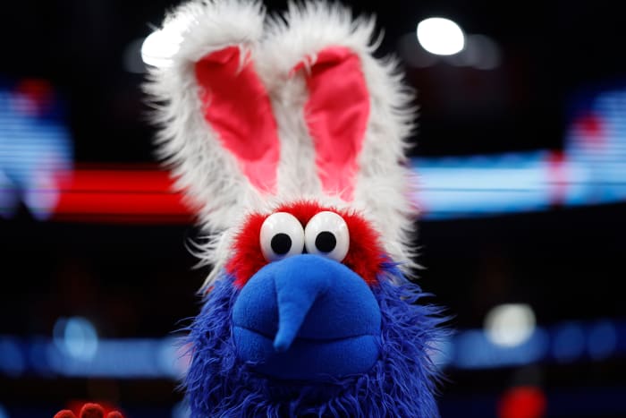 Washington Wizards mascot G Wiz stands on the court during a timeout against the Houston Rockets in the third quarter at Capital One Arena.